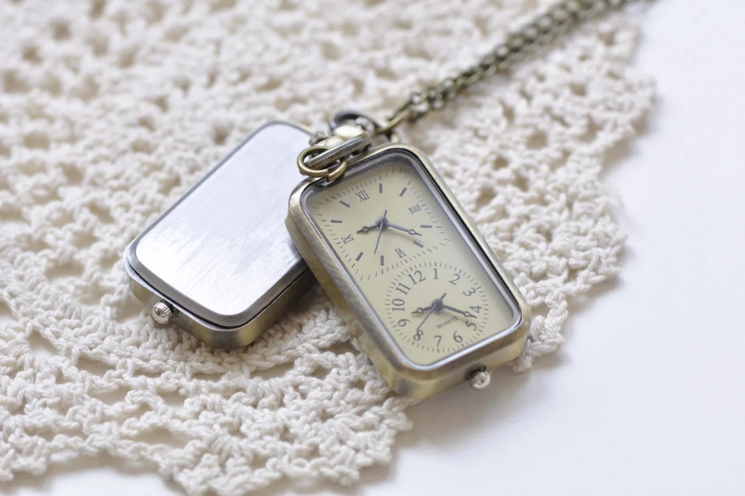 1 PC Time Zone Rectangle Pocket Watch Necklace CHAIN INCLUDED A8509