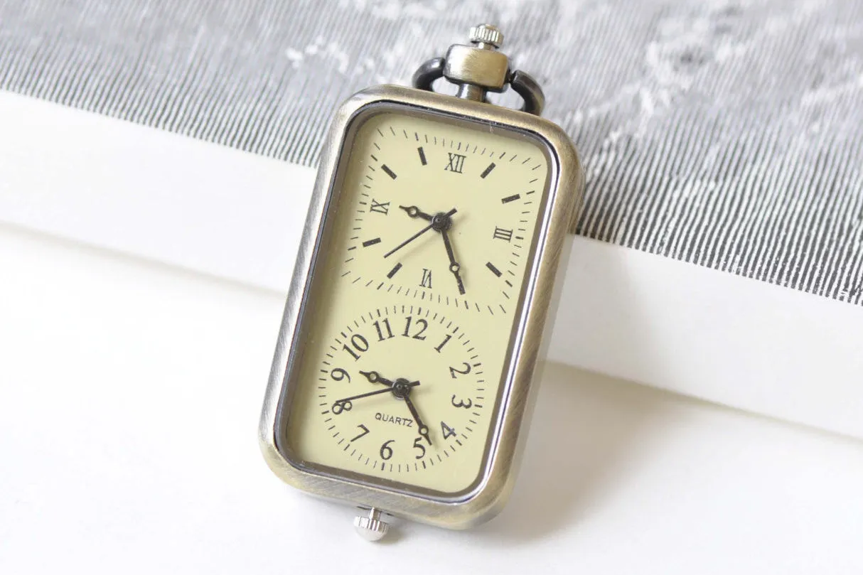 1 PC Time Zone Rectangle Pocket Watch Necklace CHAIN INCLUDED A8509
