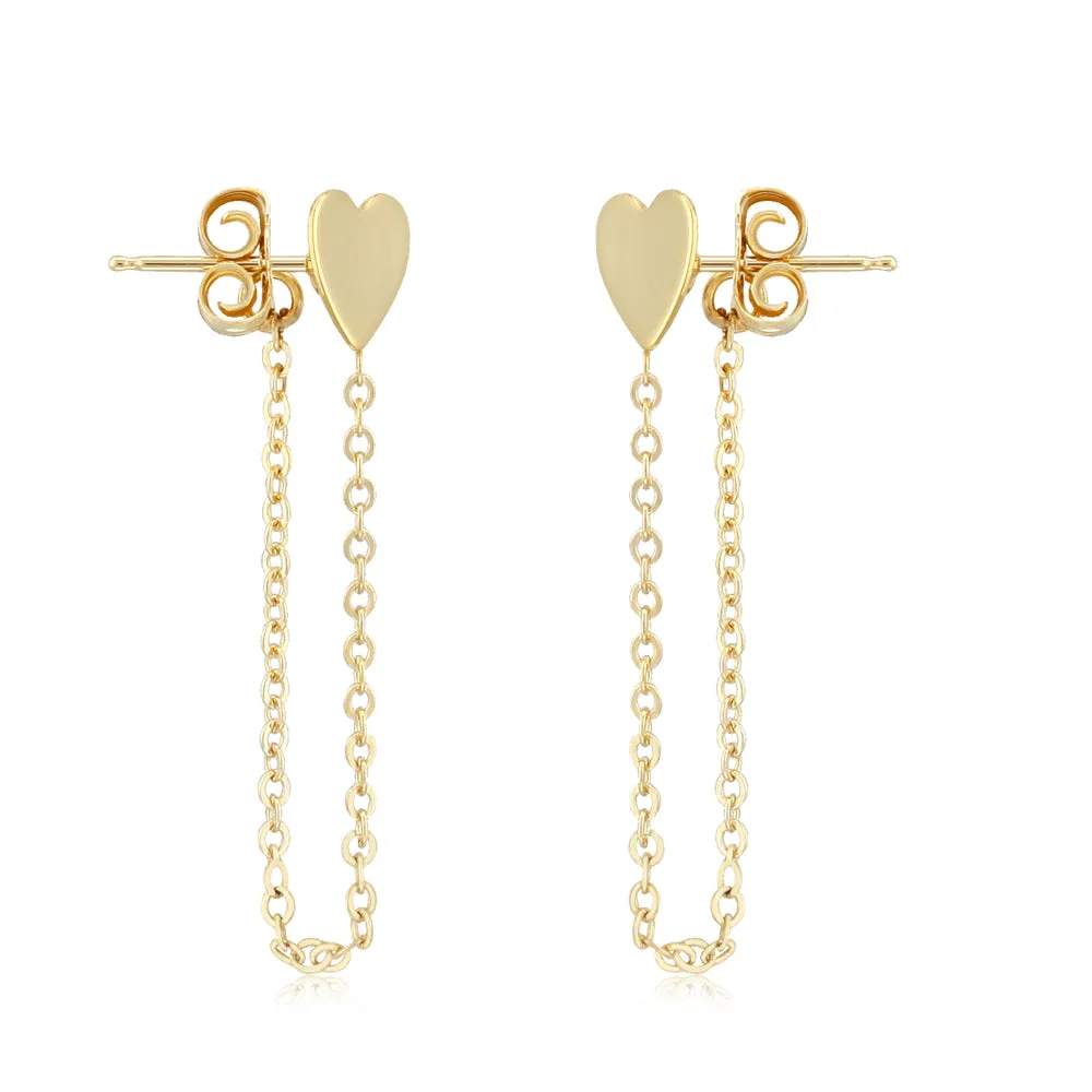 14k Heart with Chain Drop Earrings