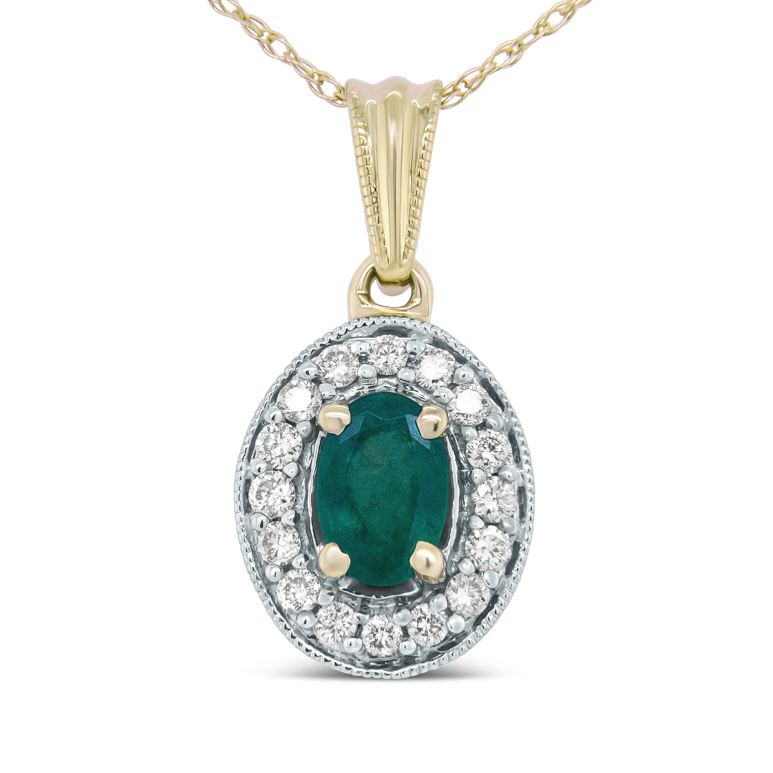 14K Yellow Gold 6x4mm Emerald and 1/5 Cttw Round Diamond Halo Pendant 18" Necklace -