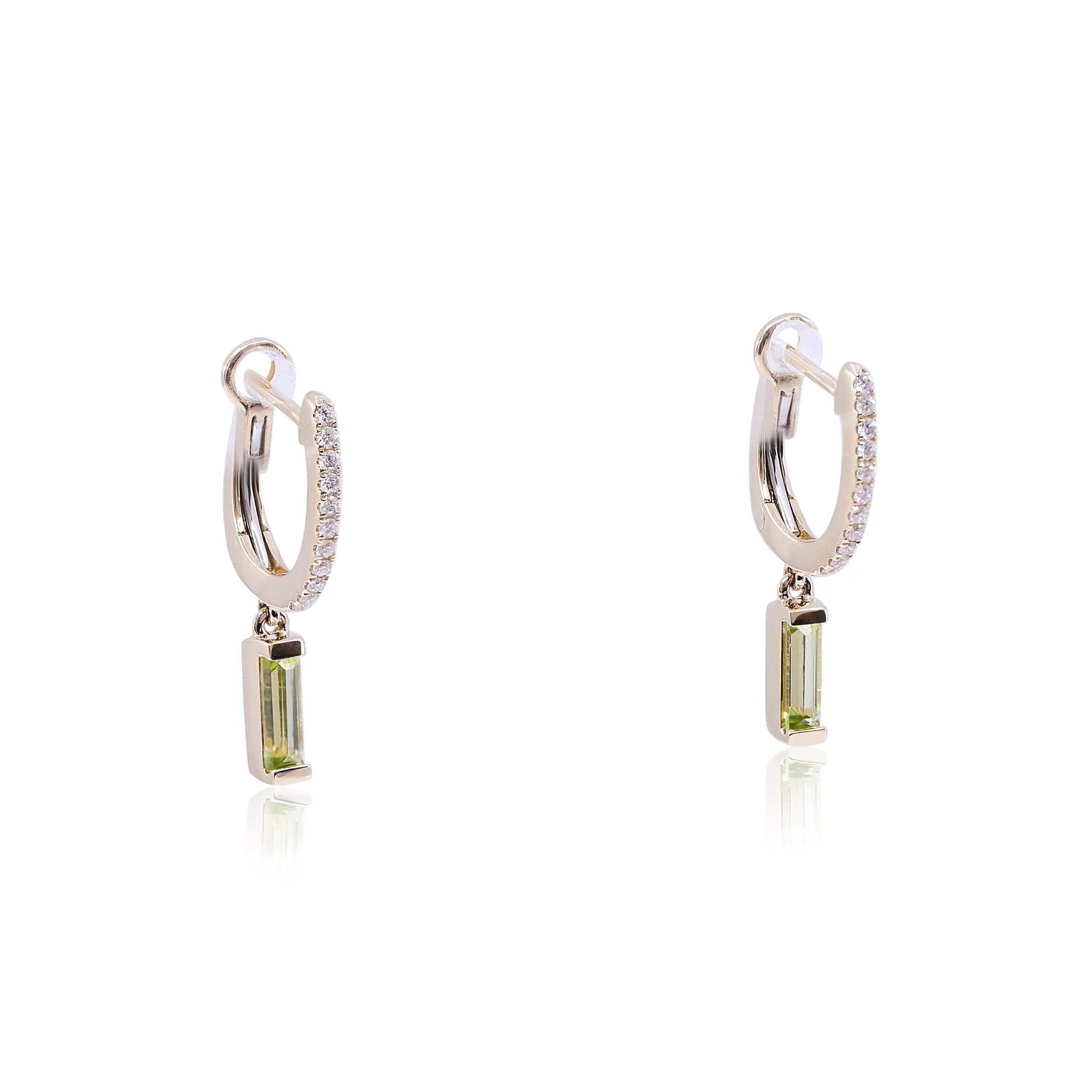 14K YELLOW GOLD DIAMOND HUGGIE HOOP EARRINGS WITH BAGUETTE PERIDOT DANGLES