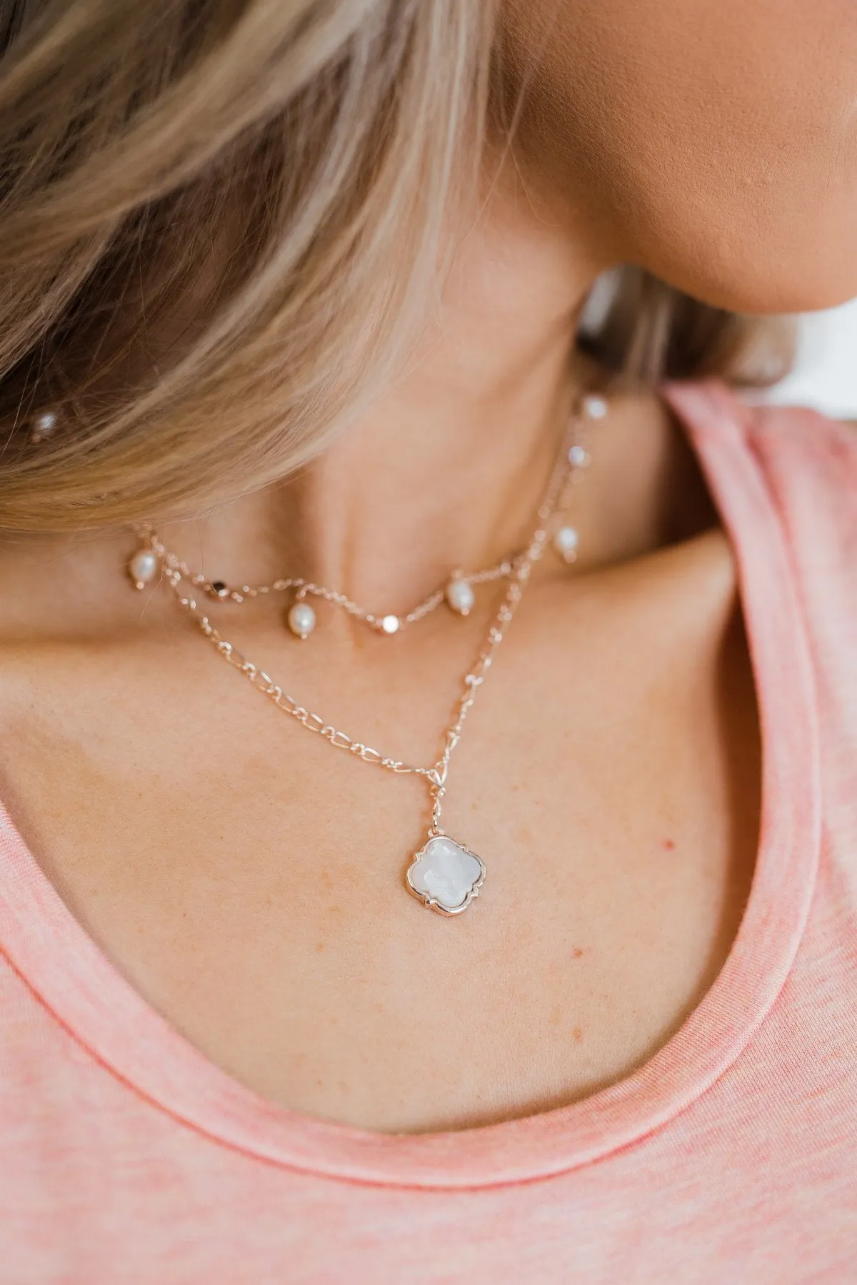 2 Tier Pearl & Diamond Studs Necklace- Rose Gold