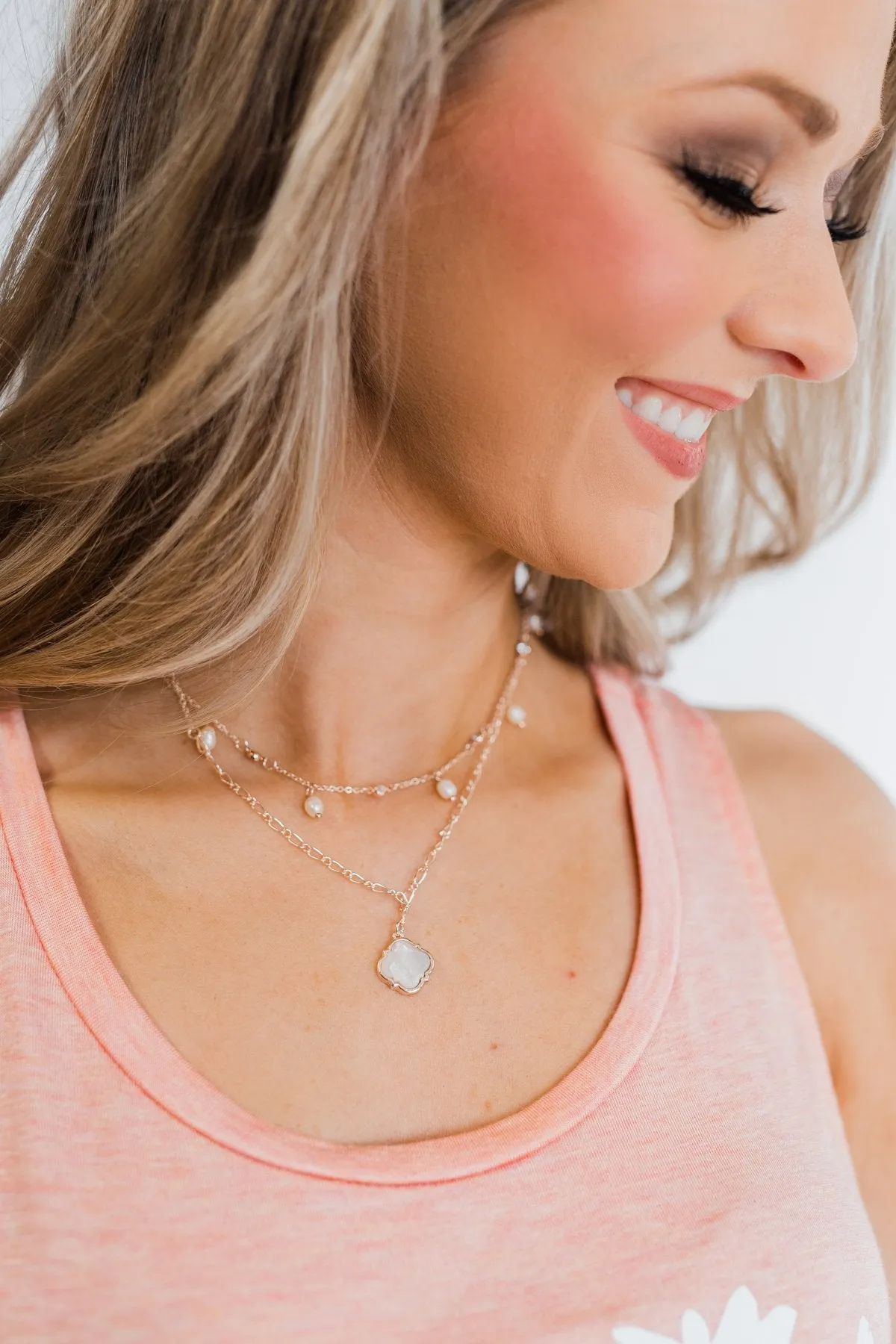 2 Tier Pearl & Diamond Studs Necklace- Rose Gold