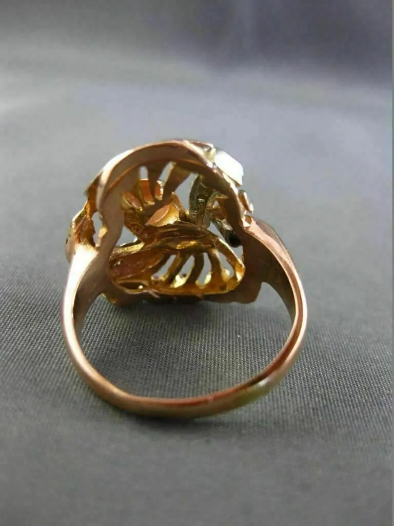 ANTIQUE .30CT OLD MINE DIAMOND & RUBY 14KT WHITE & ROSE GOLD FLOWER RING #21170