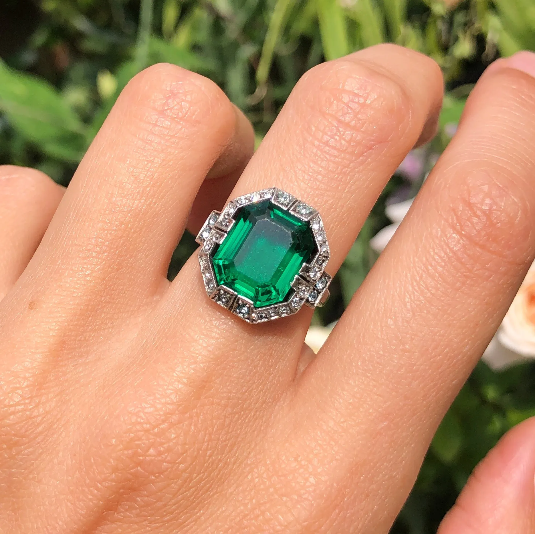Antique Art Deco German Silver Green Paste Cocktail Ring