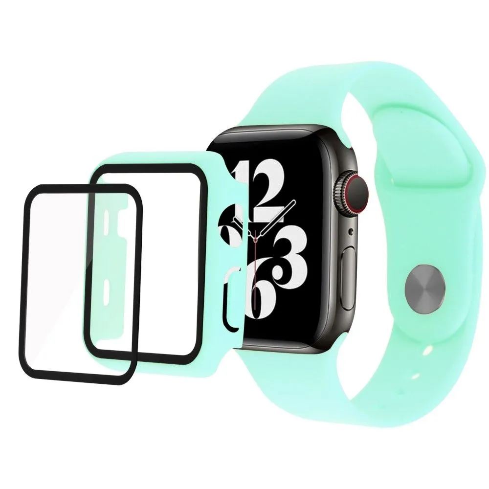 Apple Watch (45mm) cover with tempered glass   silicone watch strap - Cyan