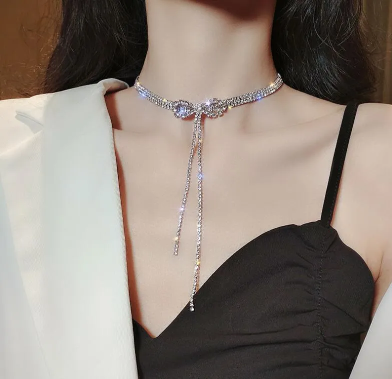 Bowknot Diamond Tassel Necklace Clavicle Chain Women's Body Accessories