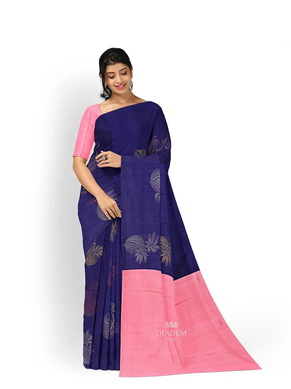 Dark Blue Silk Saree with Floral Motif on the Body and without Border