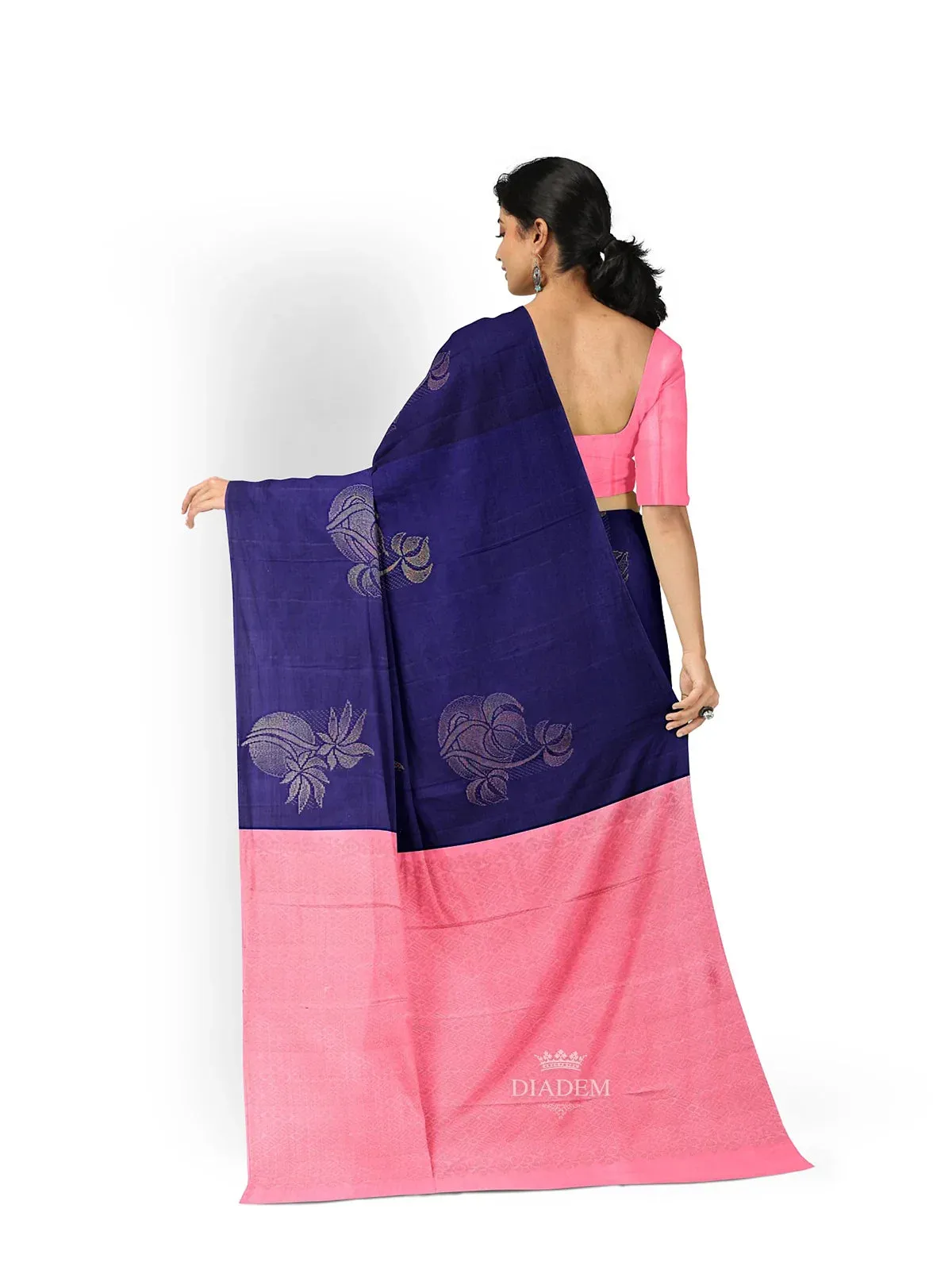 Dark Blue Silk Saree with Floral Motif on the Body and without Border