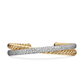 David Yurman Pave Crossover Two Row Cuff Bracelet in 18K Yellow Gold with Diamonds, 10.5mm