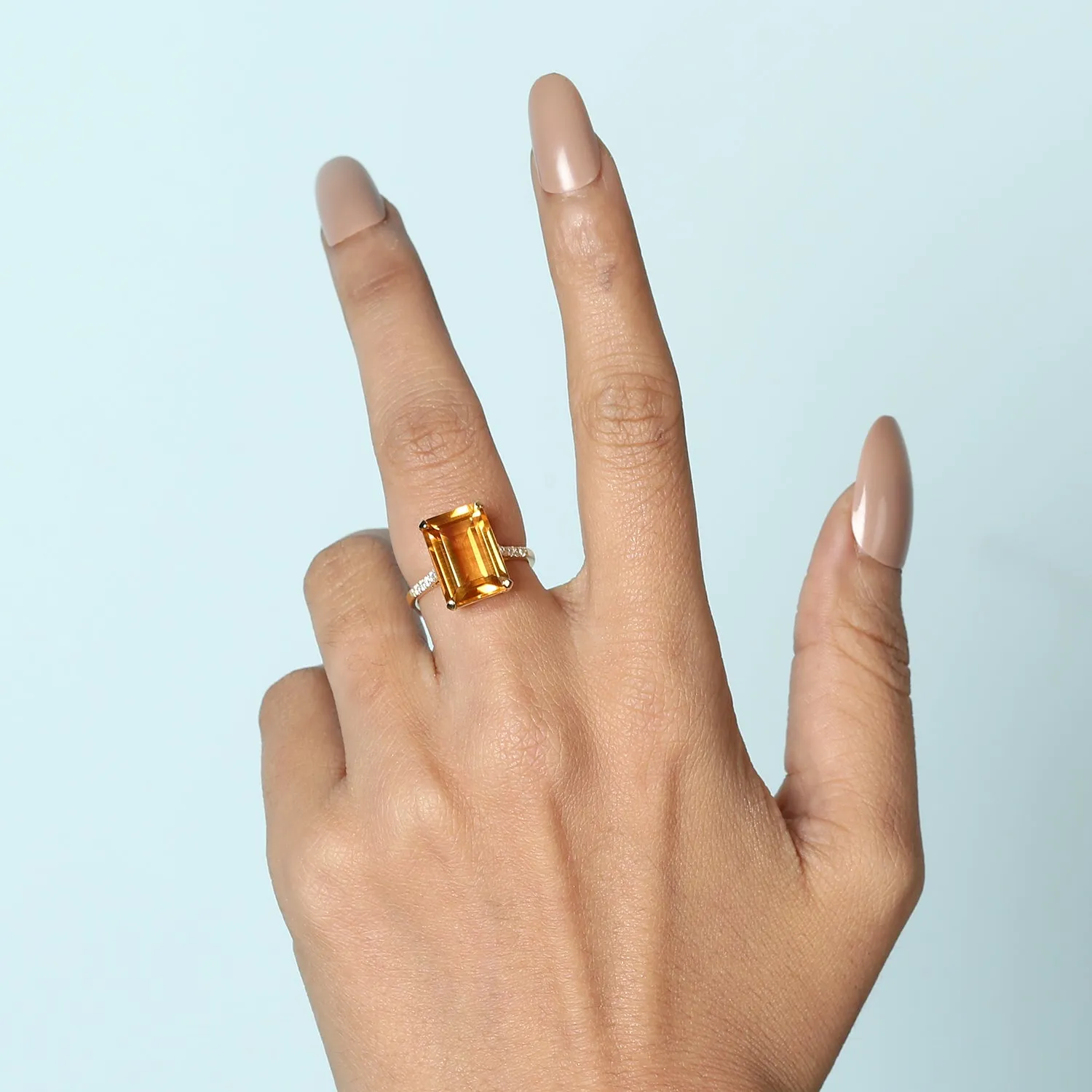 Emerald Cut Citrine Pave Diamond 18k Yellow Gold Cocktail Ring