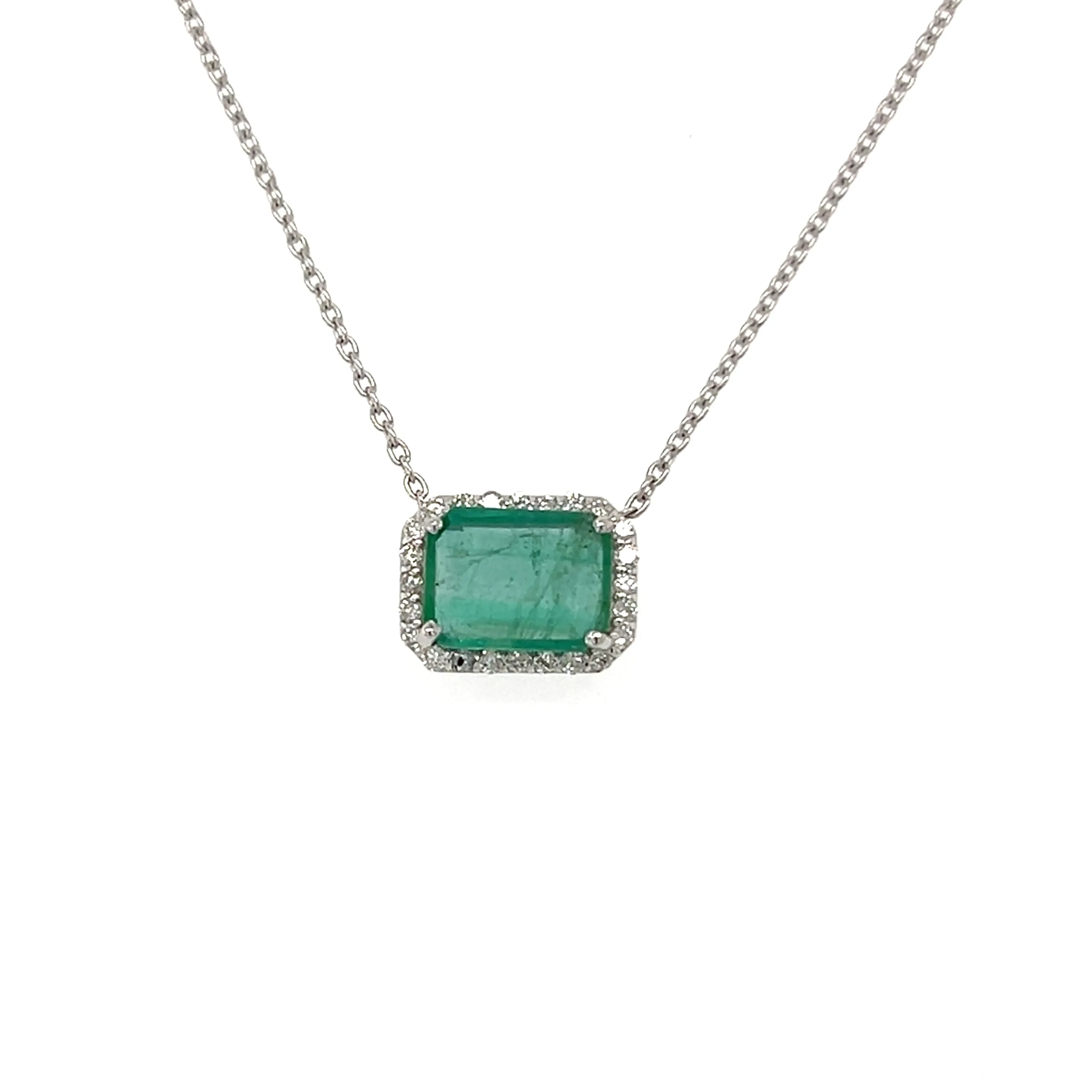 Emerald Solitaire with Diamond Halo Necklace
