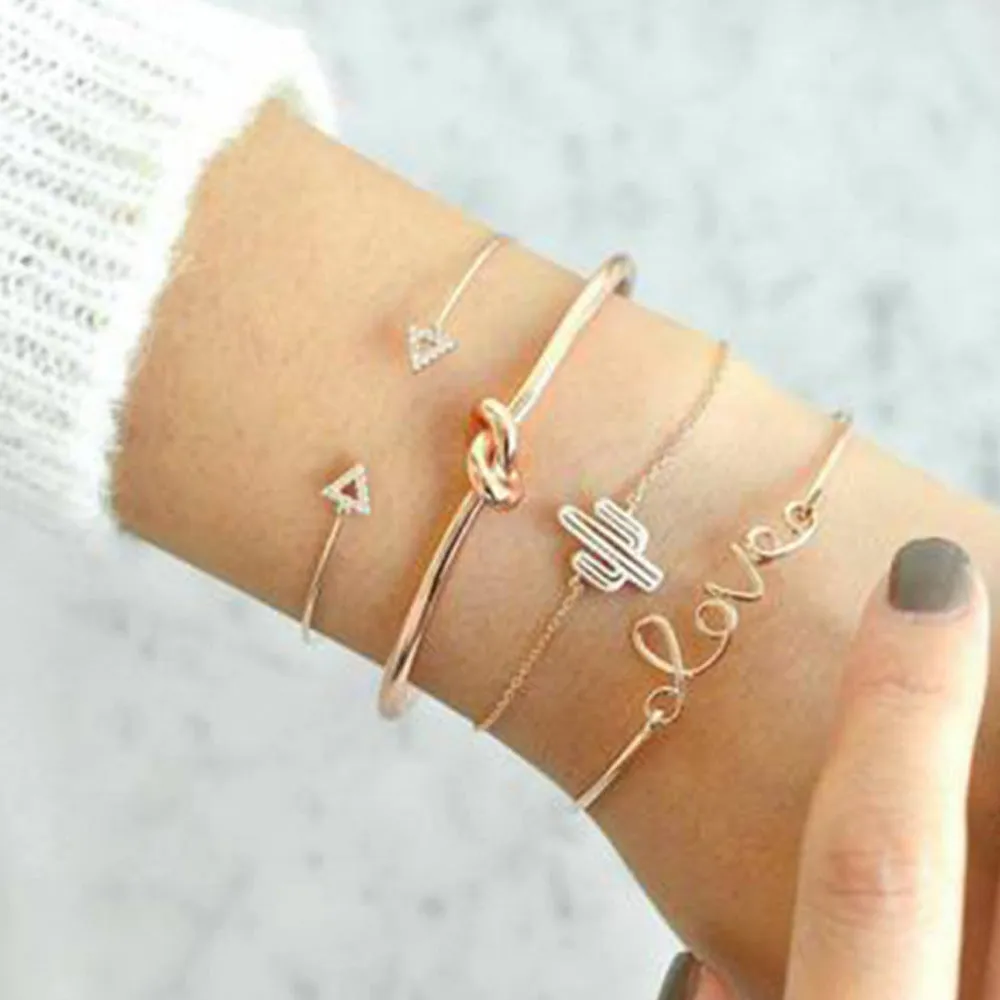 European And American Trend Cross-border Jewelry Leaf Love Triangle LOVE Bracelet Circle Bracelet Set