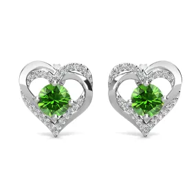 Forever August Birthstone Peridot Earrings 18k White Gold Plated Silver Double Heart Earrings with Swarovski Crystals