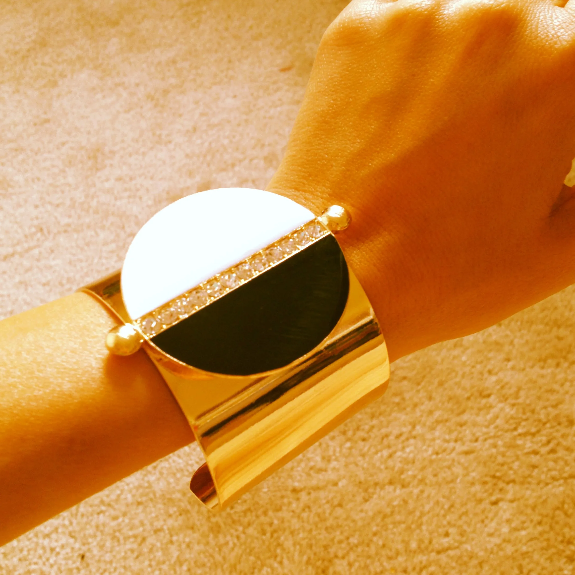 Half Moon Black & White Gold Cuff Bracelet