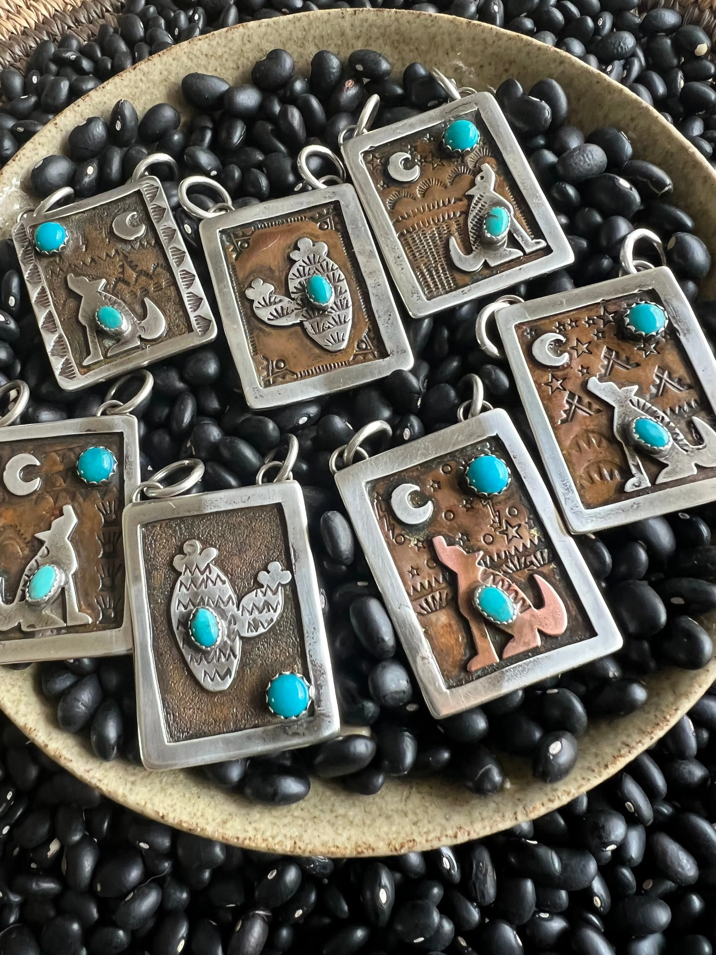 Hand Stamped Armadillo Cactus and Coyote Pendants