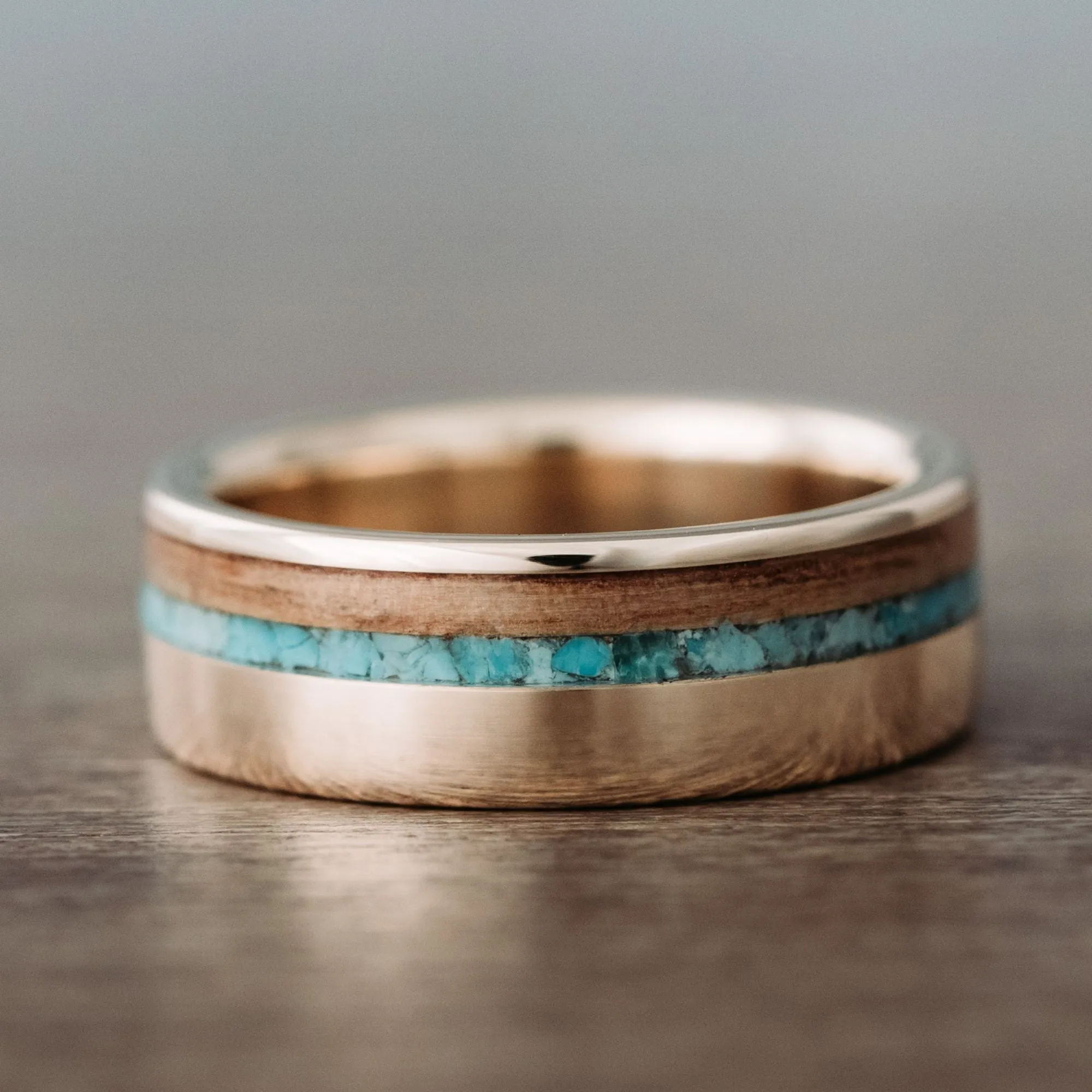 (In-Stock) Men's 10k Yellow Gold Wedding Band with Whiskey Barrel Wood and Turquoise - Size 10.75 | 8mm Wide