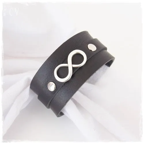 Infinity Black Leather Cuff Bracelet