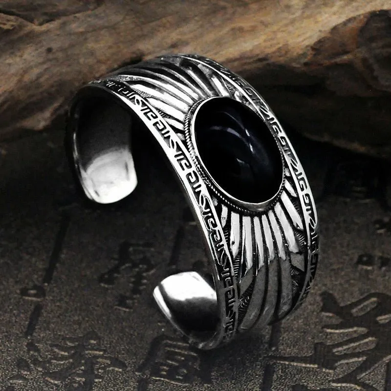 Jet Black Oval Agate Inlaid in 925 Silver Cuff Bracelet