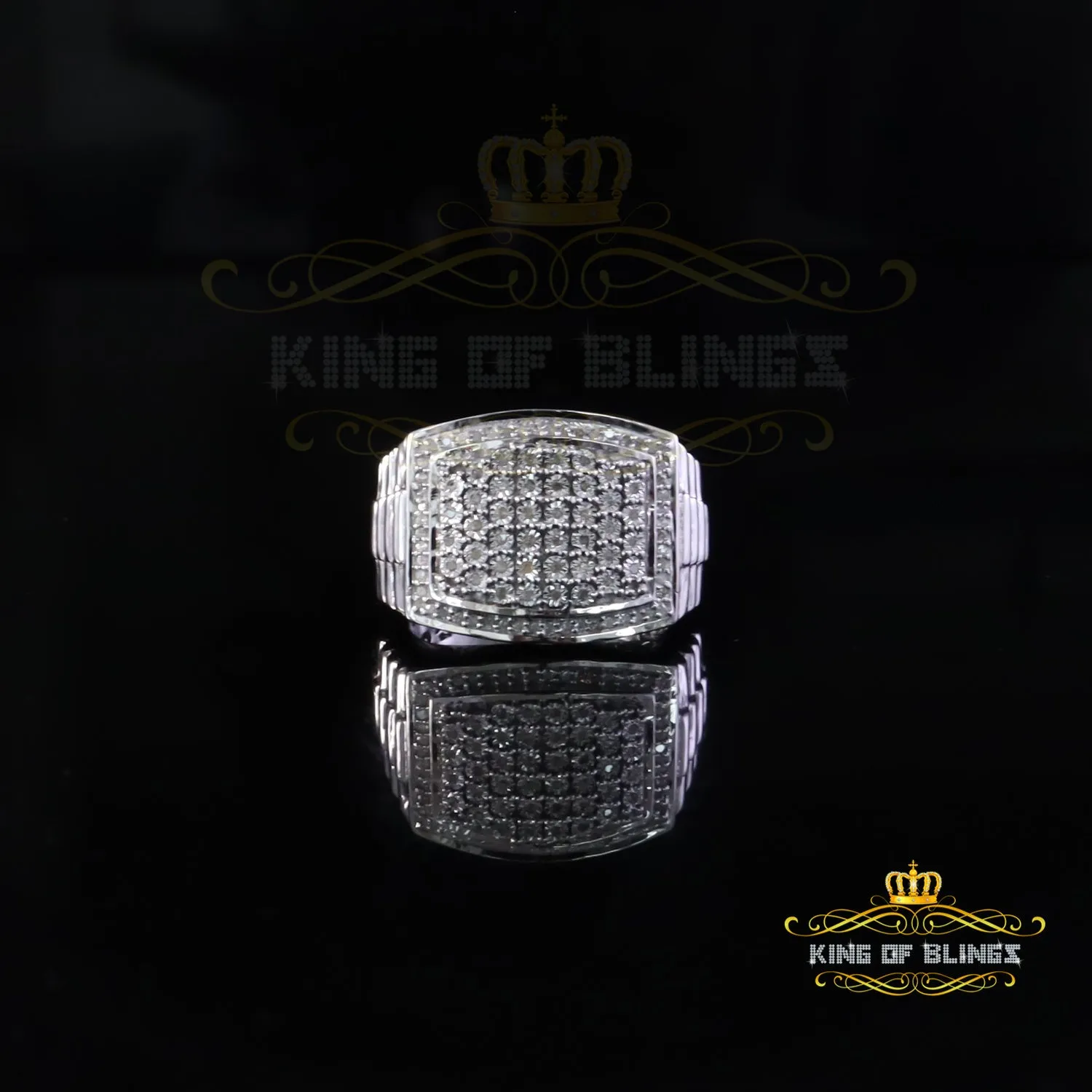 King Of Bling's Big White Real 0.40ct Diamond 925 Silver Engagement Rectangle Ring Men Size 10