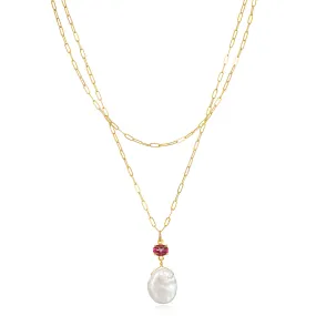Layered Pink Topaz & Keshi Pearl Necklace