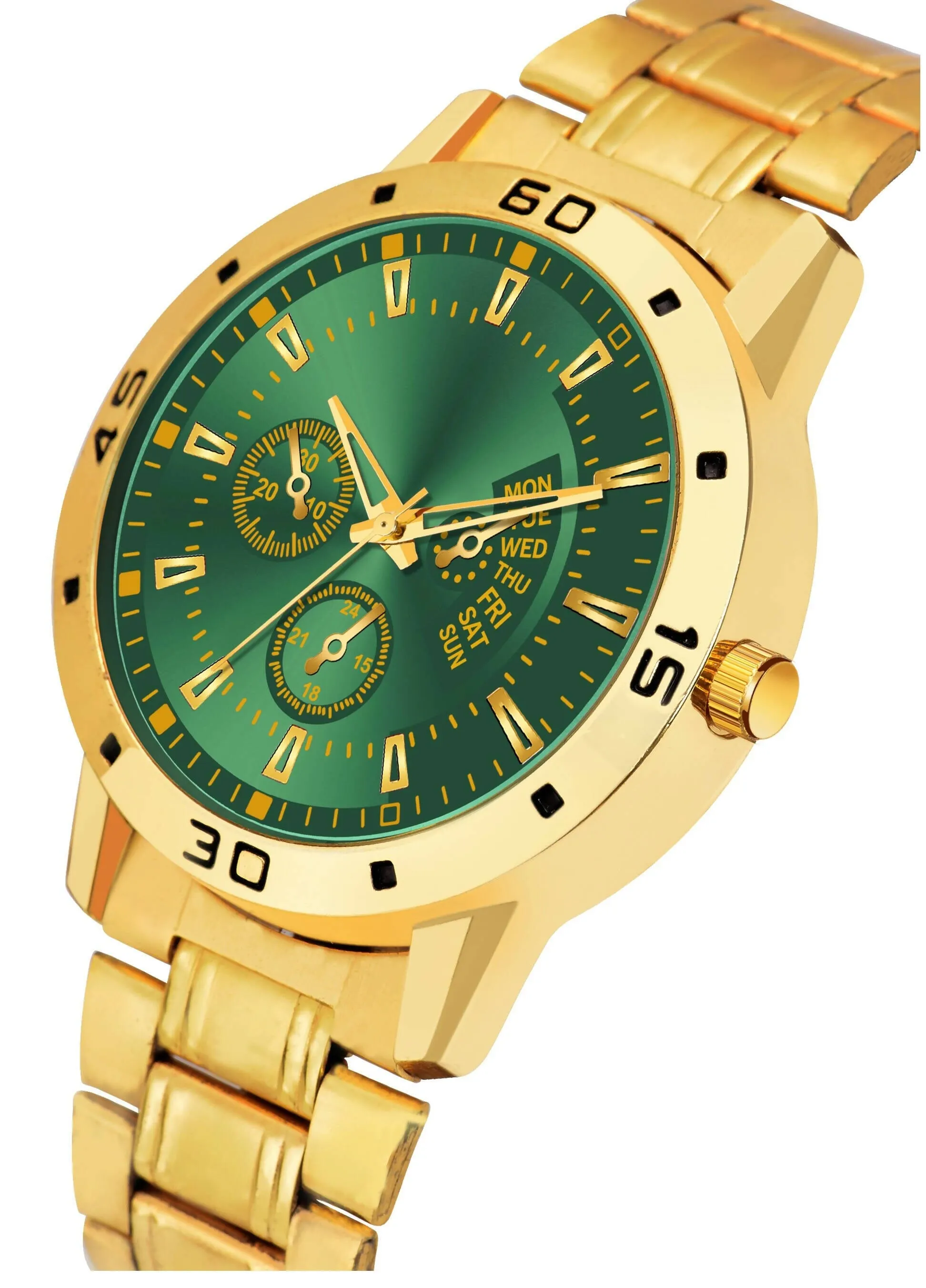 Men Gold Analog Watch Green Dial With Golden Chain Pendant
