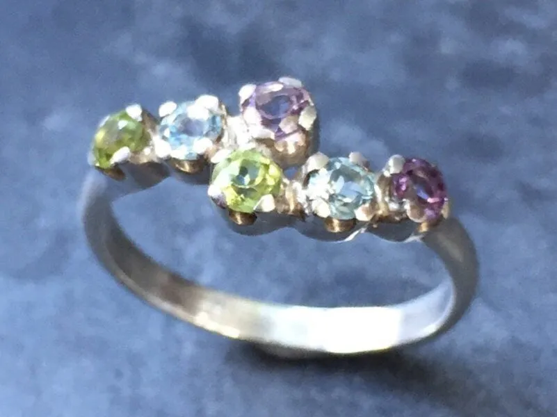 Multistone Ring - Purple Amethyst Ring - Green Peridot Ring