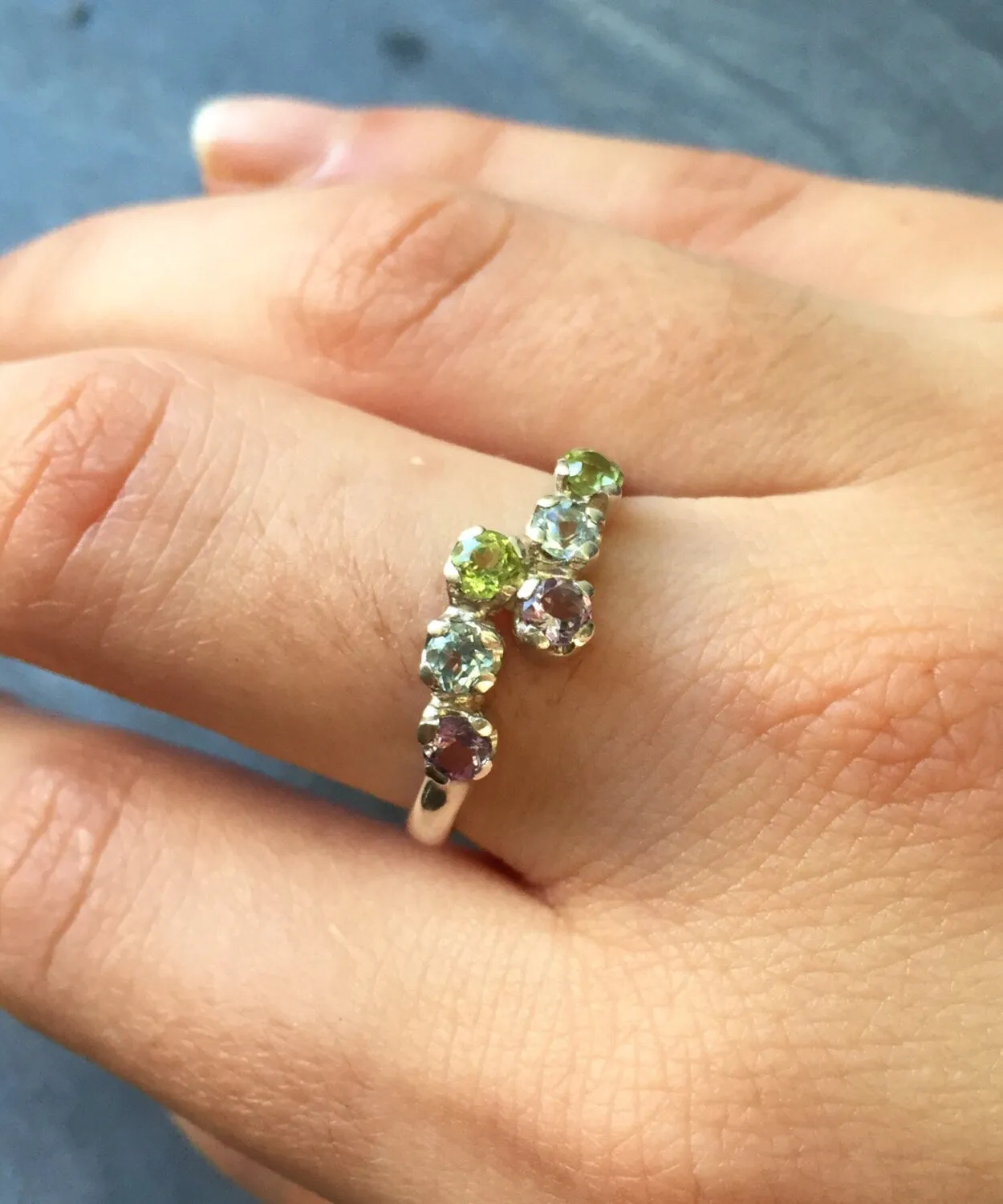 Multistone Ring - Purple Amethyst Ring - Green Peridot Ring