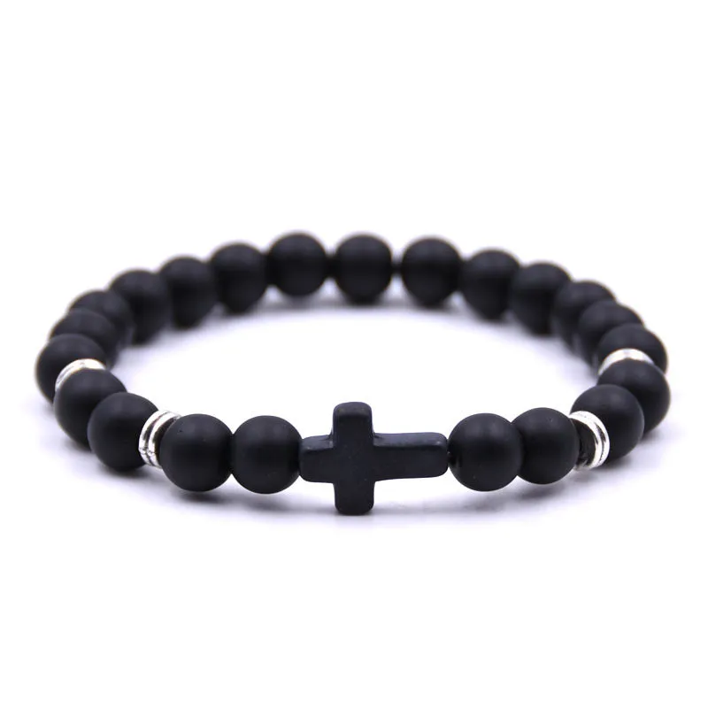 Natural Stone Black Cross Elastic Wire Bracelet
