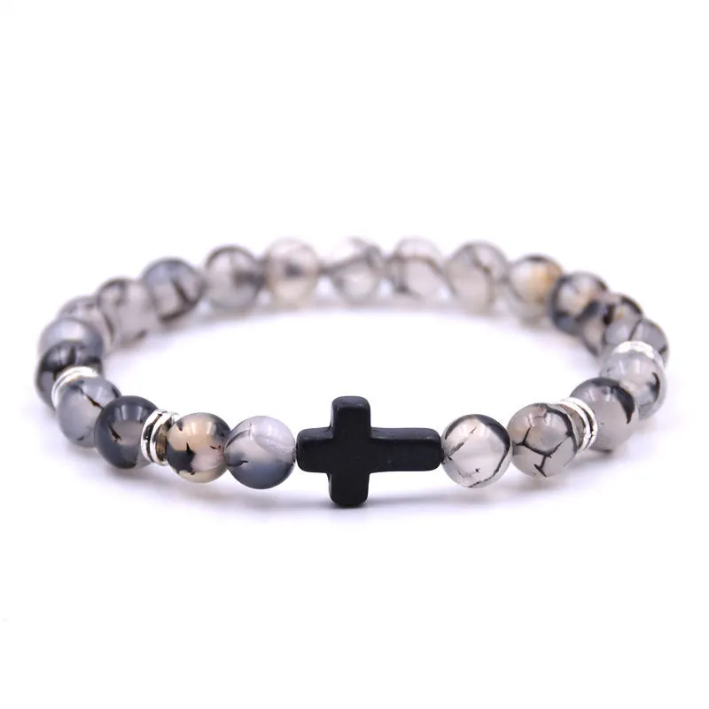 Natural Stone Black Cross Elastic Wire Bracelet