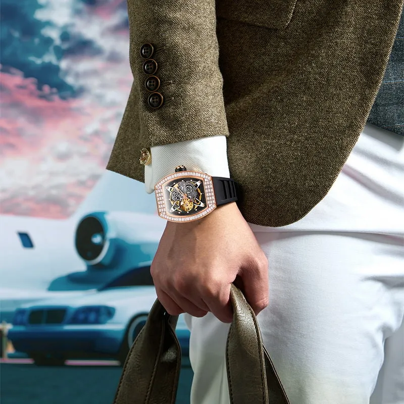 ONOLA 42mm Tonneau Watch With Gears Showing Inlaid w/ Brilliant Diamond