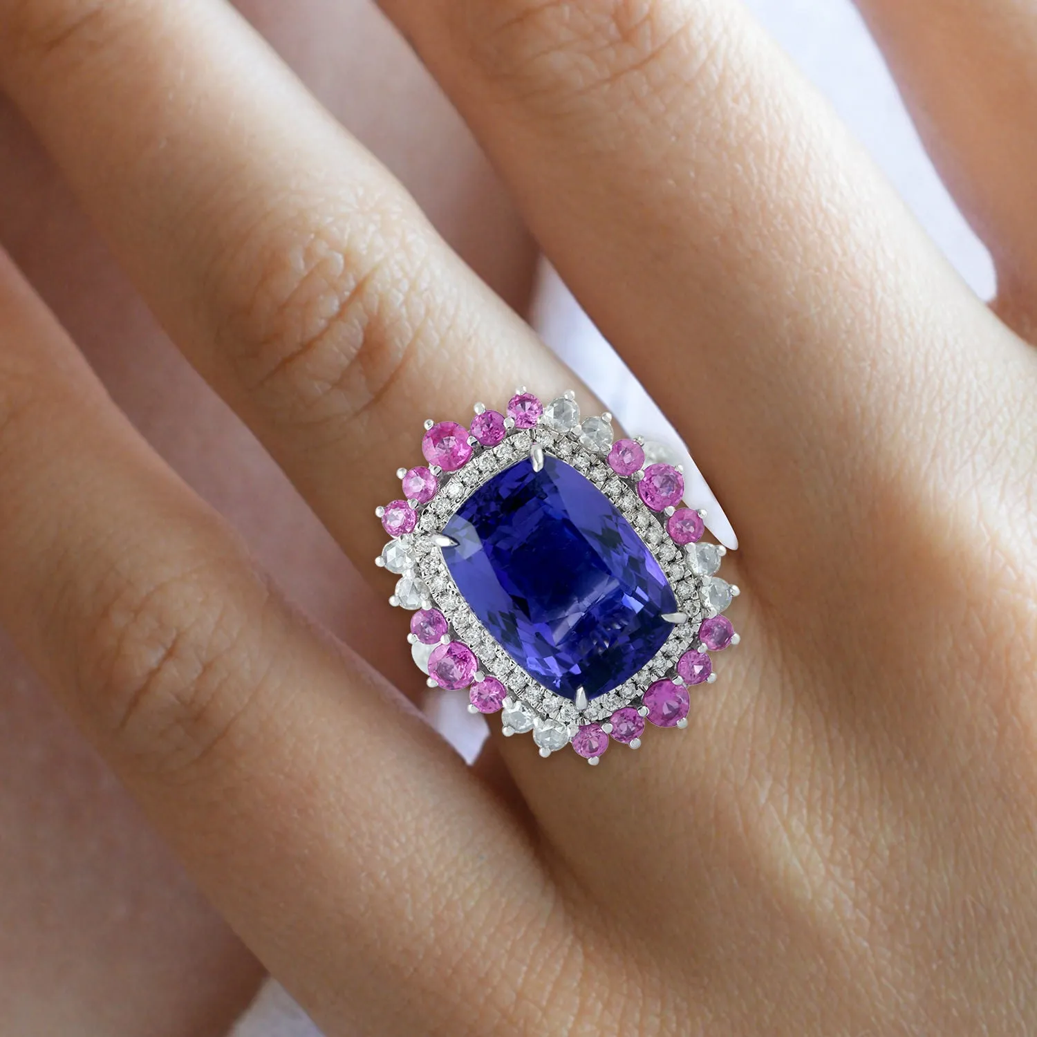 Prong Set Tanzanite Pink Sapphire Diamond Big Cocktail Ring In 18k White Gold