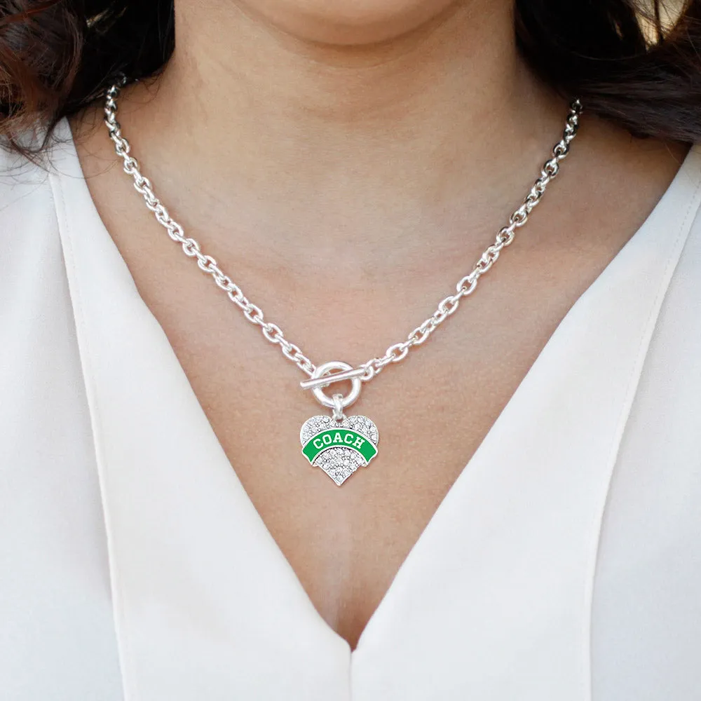 Silver Coach - Emerald Green and White Pave Heart Charm Toggle Necklace