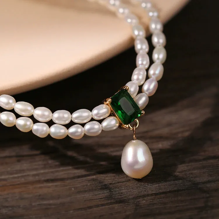 Super-Slim Double Strand Freshwater Pearl Emerald Layer Necklace