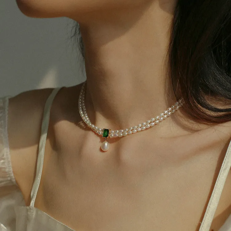 Super-Slim Double Strand Freshwater Pearl Emerald Layer Necklace