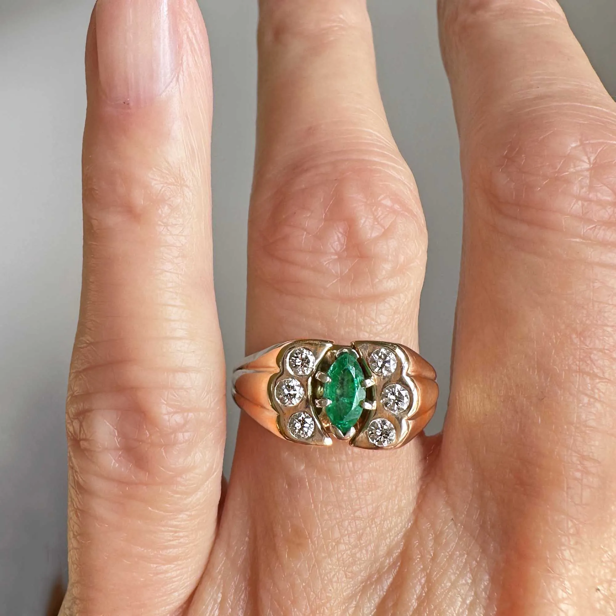 Vintage Marquise Emerald Diamond Ring in 14K Gold