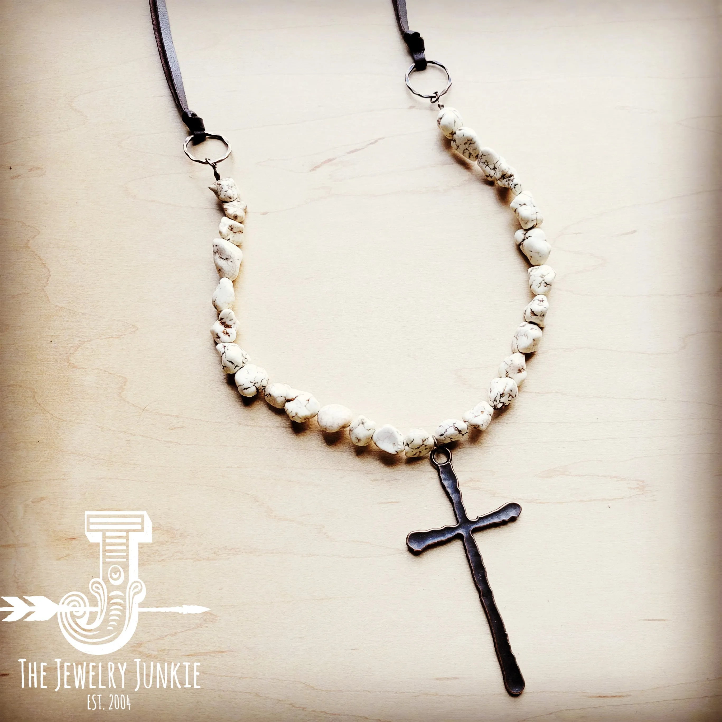**White Chunky Turquoise Necklace w/ Large Copper Cross 254g