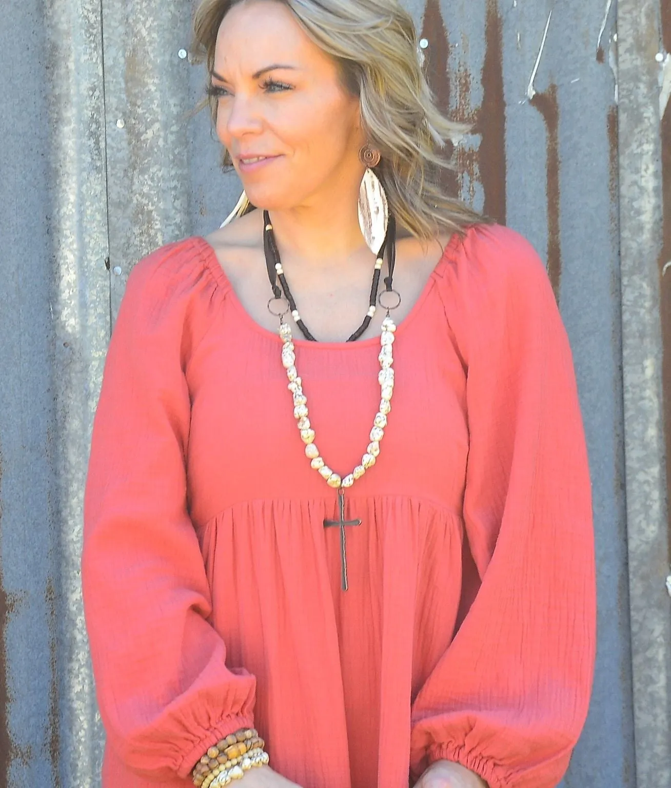 **White Chunky Turquoise Necklace w/ Large Copper Cross 254g