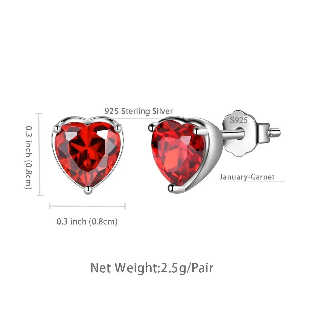 Women Hearts Studs Earring Birthstone Girls Jewelry Birthday Gift 925 Sterling Silver