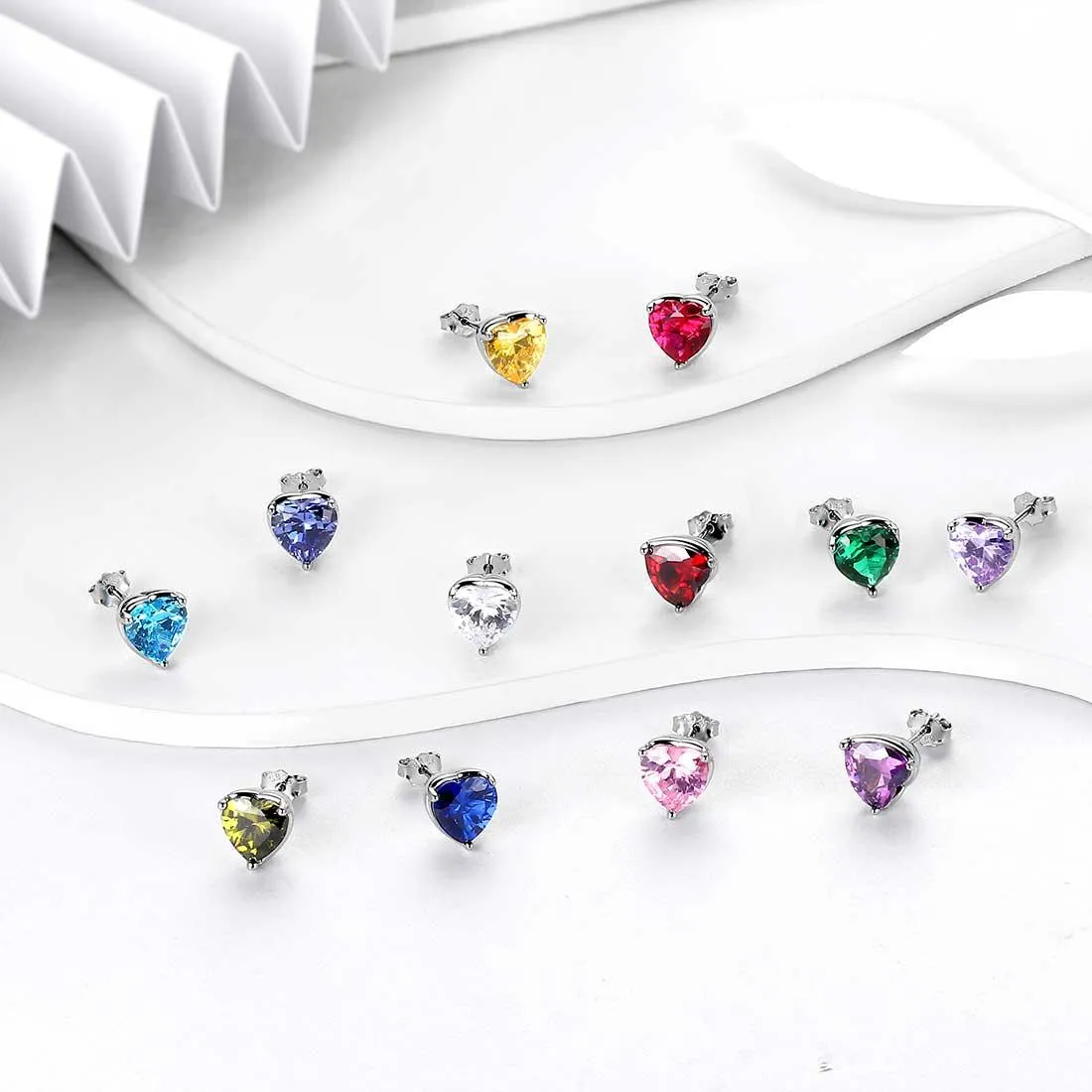 Women Hearts Studs Earring Birthstone Girls Jewelry Birthday Gift 925 Sterling Silver