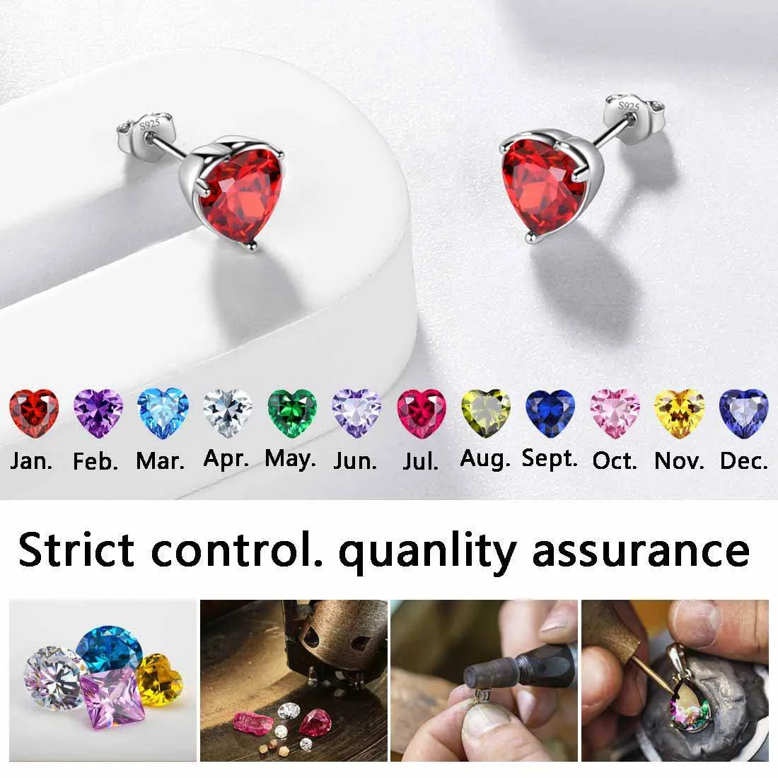 Women Hearts Studs Earring Birthstone Girls Jewelry Birthday Gift 925 Sterling Silver